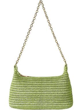 Women's Green Straw Woven Shoulder Bag Tote Handbag Summer Beach Purse Zipper